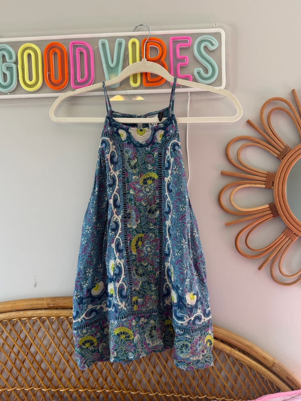 Anthropologie Blue Floral Embroidered Tank Top